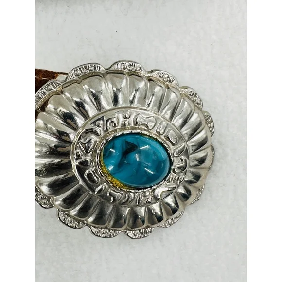 Brown Leather Belt w/ Silver Belt Buckle with Faux Gem. - Picture 2 of 5